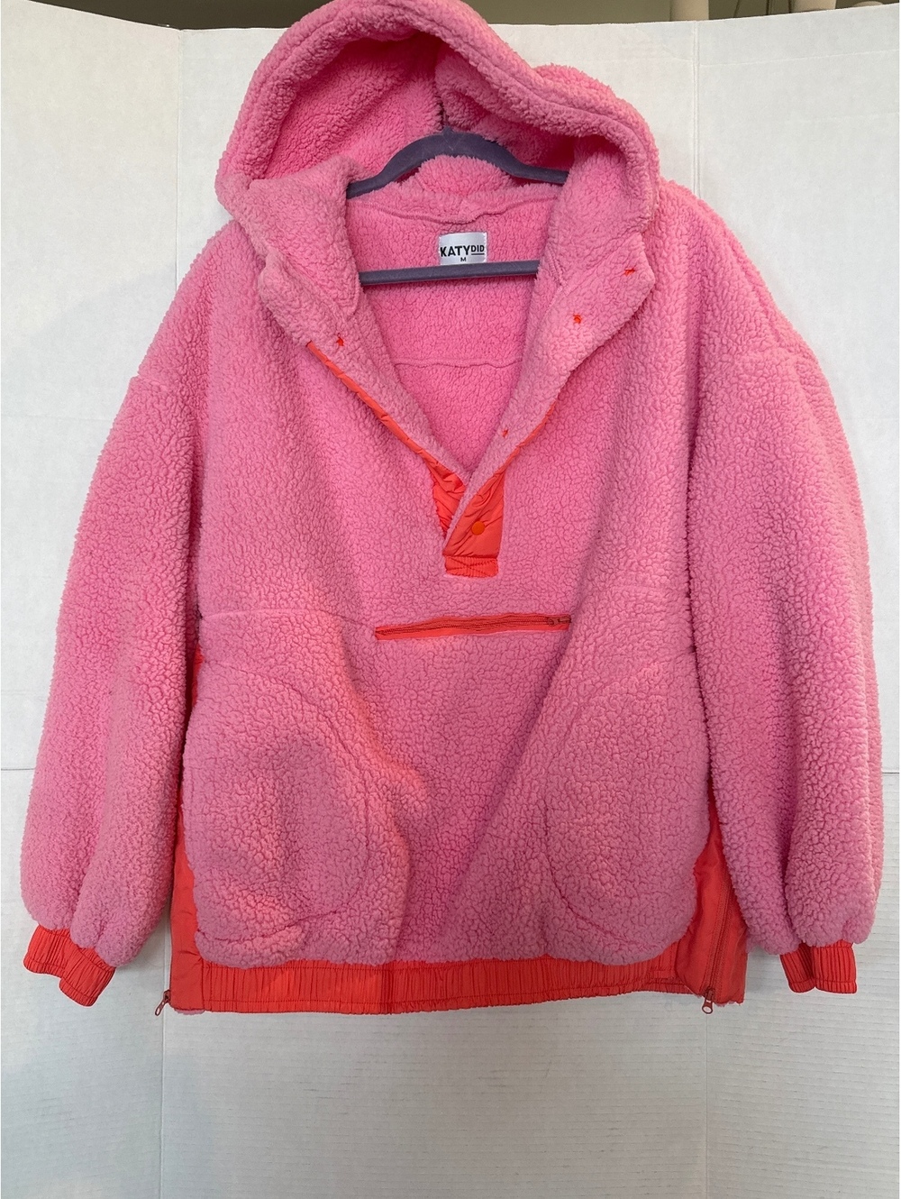 KATYDID Pink Sherpa Fleece Hoodie with Orange Trim, Medium